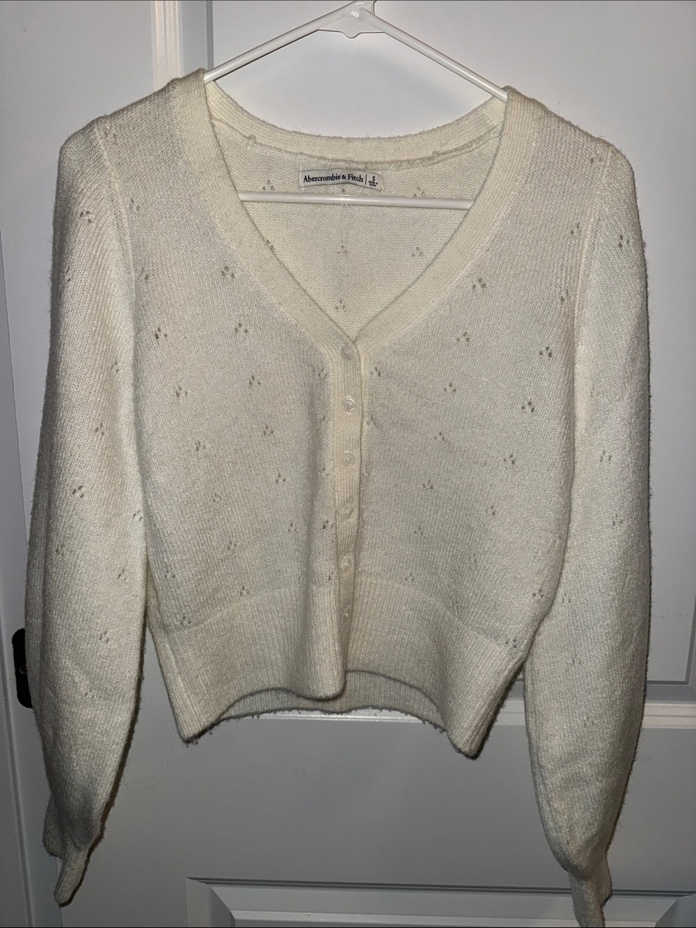 Abercrombie & Fitch Ivory Cream V-Neck Button-Front Pointelle Sweater